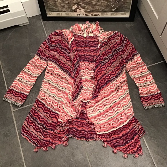 Moth Womens Crochet Cardigan Open Front Sweater Size M Fringe Stripes Poms Boho - Picture 5 of 15